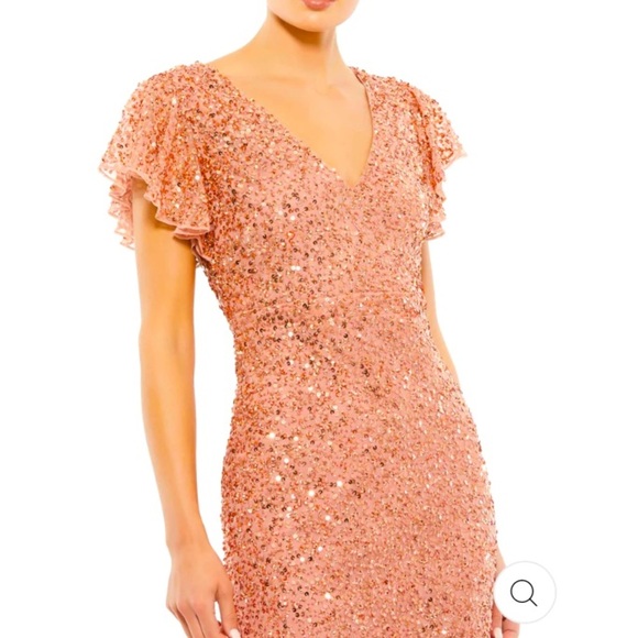 Mac Duggal - Rose Gold Sequined V-Neck Flutter Cap Sleeve Trumpet Dress mermaid - Picture 2 of 8